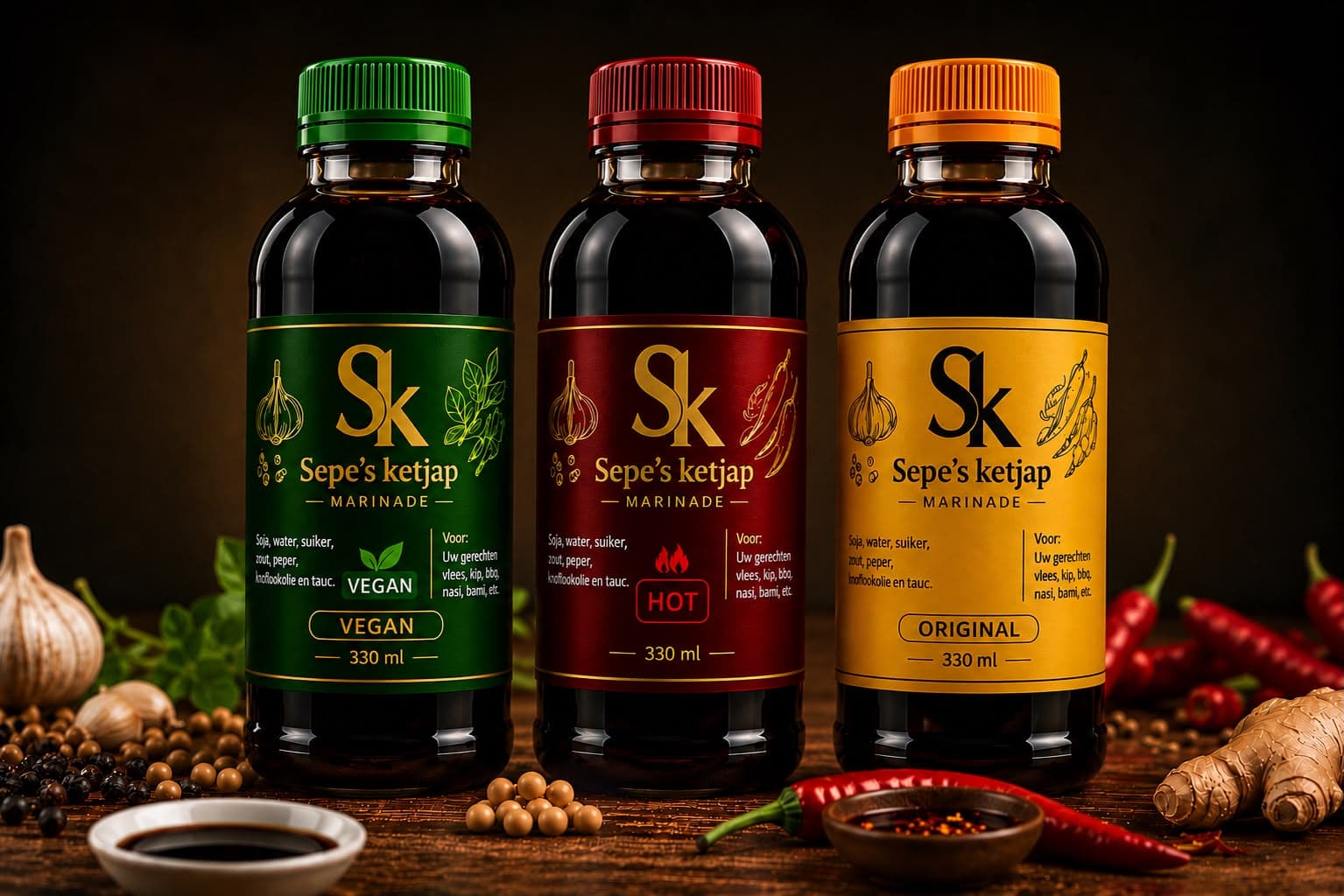 Sepe's ketjap Vegan, Hot en Original in donker glas
